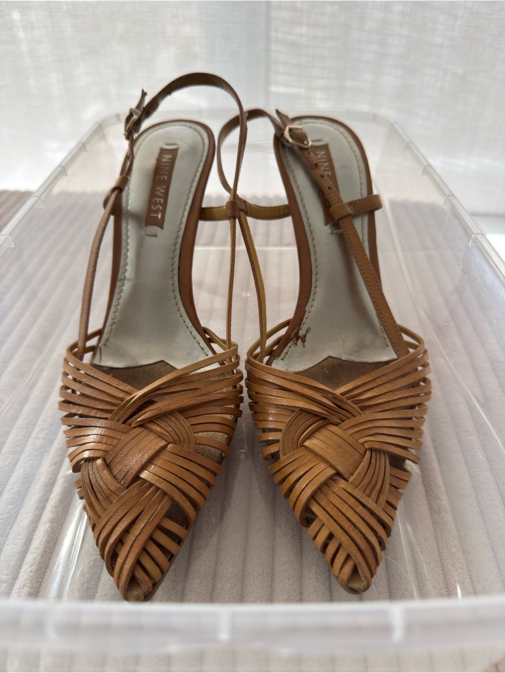 Nine West Tan Braided Leather Pointed Slingback Heels